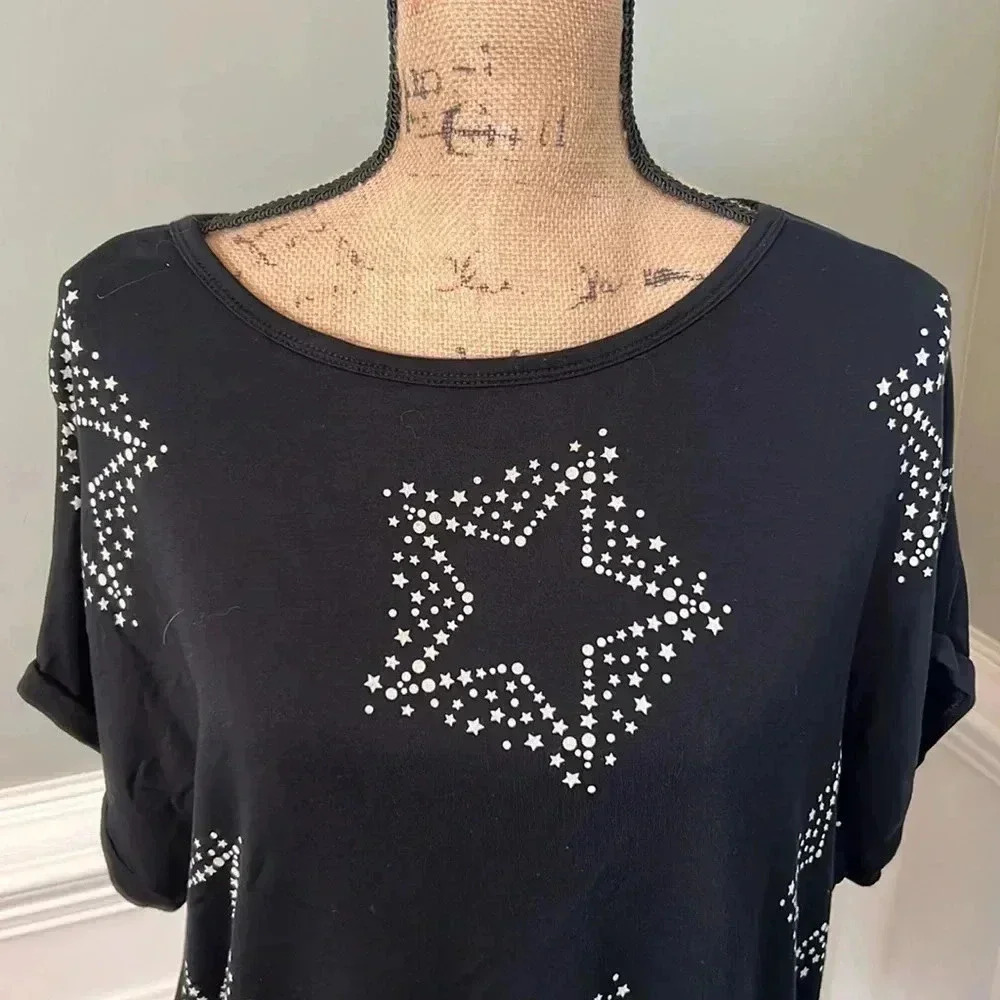 Buffalo David Britton - Black Short Sleeve Star Print Top - Size Large - Picture 3 of 10